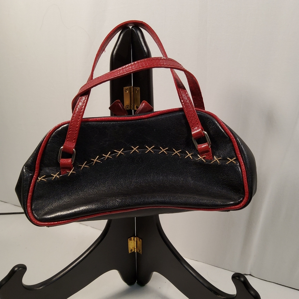 M London small black and red handbag with stitching great shape